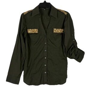 Nwot Express Essential Stretch Button Shirt M Green Sequins Roll Tab Classy Lady